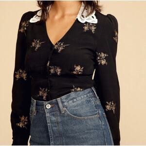 Rouje Black Floral Blouse with White Collar